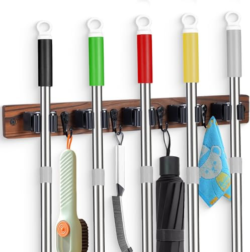 FunCee Broom Holder Wall Mount With 5 Slots & 4 Hooks,Rustic Wood Broom & Mop Hanger,Wall Mounted Garden & Garage Tool Storage Organizer Rack for Closet Laundry Room or Kitchen Wall Decor