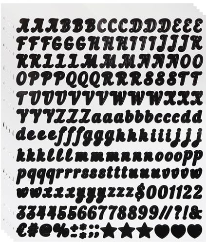 Klein Buchstaben Aufkleber Wetterfest,5 Blätter 1000 Stücke 0,5 Zoll Selbstklebendes Vinyl Klebebuchstaben Zahlen Aufkleber Symbole Kit für Scrapbook - Schwarz