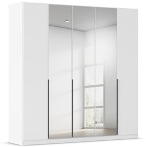 Rauch Möbel Alabama, Kleiderschrank, Garderobenschrank, 5-türig, Spiegel, Zubehör Basic, 3 Kleiderstangen, 6 Einlegeböden, Farbe Weiß, Griff Grau metallic, 226x229x54cm