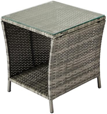 Bonnlo Rattan Beistelltisch mit Glasplatte, Balkonmöbel Grau, Gartenmöbel klein, Balkontisch Outdoor wetterfest, 46x46x50 cm