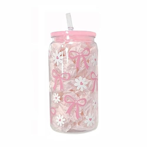 500ml Pink Bow Cups, Bow Plastic Straw Cups with Lids, Flower Girl Cup Smoothie Cup Pink Party Baby Shower, for Milk, Ice Water, Juice, Coffee, Soda,Cocktail,Cold or Hot Drinks (Style 4)