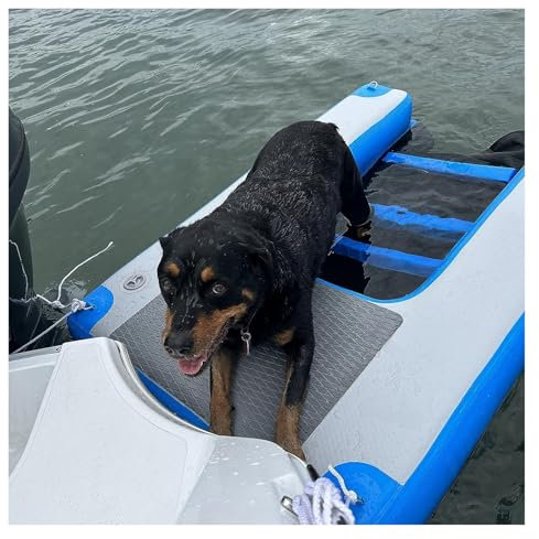 rampe de piscine pour chien Plateforme Flottante Gonflable Pour Chien, Rampe D'eau Gonflable Pour Chien Avec 3 Marches 3D, 3 Poignées Noires, 4 Anneaux En D Et Pompe, Échelle Flottante Portable Pour C