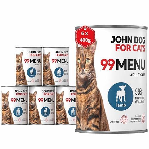 Katzennassfutter ohne Zucker und Getreide - Lamm & Huhn - Katzenfutter Nass mit 99% Fleischanteil - Nassfutter mit 100% frischen Zutaten für ausgewachsene Katzen - John Dog for Cats 99 MENU - 400g x 6