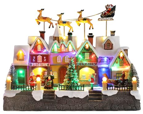MUMTOP Christmas Village House with Flying Reindeer, Light Up Animated Town Building with Santa Sleigh for Indoor Holiday Xmas Tabletop Decor