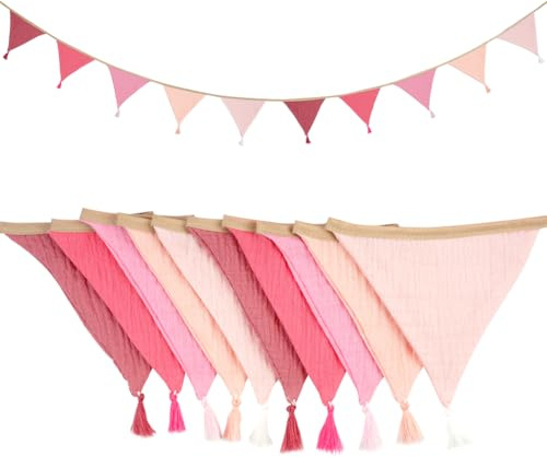 Alaoo Fabric Bunting Banner, 2.6M Triangle Garland Flags with Tassels, Double Sided Colorful Cotton Bunting for Birthday, Wedding, Baby Shower, Indoor Activity Party Festivals Decoration (Pink)