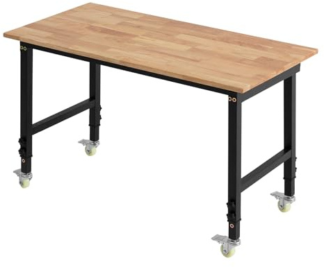 VEVOR Adjustable Workbench on Wheels, 1500 lbs Capacity, 48 x 24 Inch Oak Wood Top Workbench with 28.5-42.3 Inch Height Adjustment, Heavy-Duty Hardwood Worktable for Garage, Workshop, Home, Office