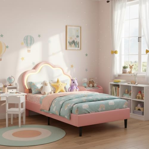 BLSYHDH Gepolstertes Kinderbett 90x200, Kinderbett mit LED, Prinzessinnenbett für Mädchen, Betten für Teenager-Mädchen (Rosa+Leder, 90 x 200 cm)