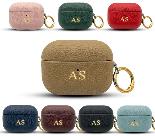 Tirita Personalised Leather Case for Apple Airpods Pro 2 - Customised Vegan Leather Airpod Cover - Gold Embossed Case with your own Name Initials and Golden Hook Keychain [08- Beige]