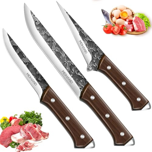 Set de 3 Couteaux de Boucher Professionnel, Désosseur Grand Format, Multifonction, Économe, Lames Acier Inoxydable avec Housses Cuir, Pour Cuisine et Camping