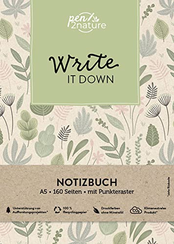 Write It Down • Nachhaltiges Notizbuch in A5 mit Hardcover und Pflanzen-Motiv: Eintragbuch mit weißen Seiten und Punktemuster. Umweltfreundliches ... praktisches Bullet-Journal (pen2nature books)