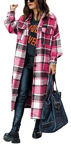 shownicer Chemise à Carreaux Femme Chemise Blouse Chic avec Bouton à Manches Longues Cardigan à Carreaux en Flanelle Casual Blouson Coat Grande Taille Z4 Rose S