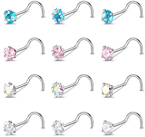 ZeSen Jewelry 9-12 Pieces 20g Tiny Nose Studs L-Shape CZ Nose Bones Nose Screw Rings Set Stainless Steel Nose Piercing Stud (12pcs Nose Screws Style)