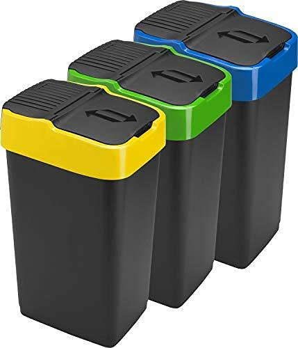 Sterling Ventures 3x 35L Plastic Indoor Recycling Bin with Double Swing Lid Top Colour Coded