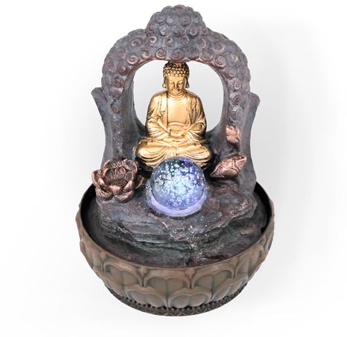 NATIV Fontaine d'intérieur avec figurine de Bouddha, archet et boule, pompe et éclairage LED, en polyrésine
