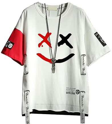 Hello MrLin Men's Techwear Japanese Harajuku Streetwear Hip Hop Short Sleeve T-Shirt White