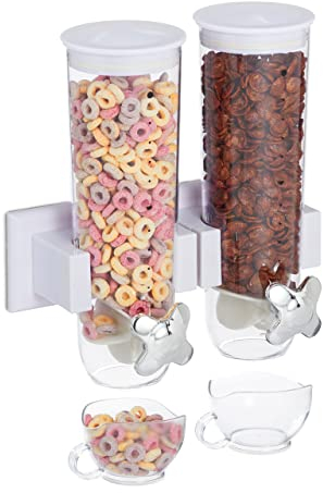 Relaxdays Müslispender doppelt, Wandmontage, für Müsli, Cornflakes, Süßigkeiten, Cerealienspender, Kunststoff, weiß, 1 Stück