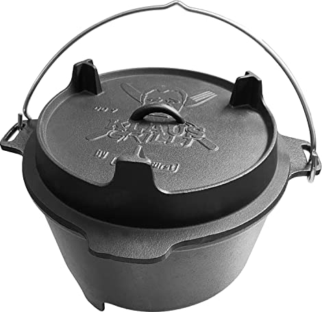 Grillfürst Dutch Oven DO 9 Sonderedition Klaus Grillt - stabil stehender Feuertopf durch speziell entwickelte T-Füße, hitzebeständiger Gusseisen Topf, Deckel als Pfanne nutzbar, ca. 9 Liter