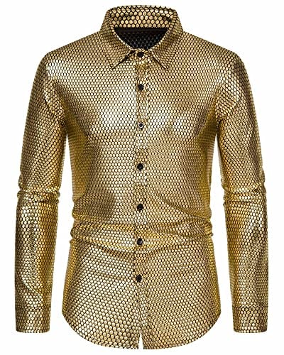 Men's Dress Shirt Rhombus Bronzing Print Long Sleeve Button Down Shirts 70s Disco Party Costume-Gold-M