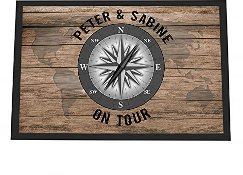 Personalisierte Fußmatte Camper on Tour. Fußabstreifer mit Kompassrose.