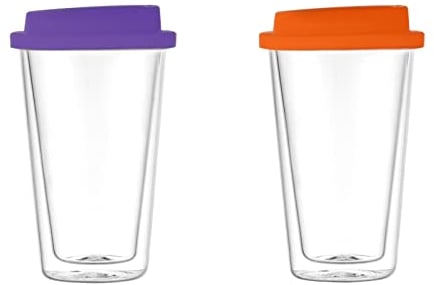 Plcnn 2 vasos de vidrio de doble pared para llevar, taza de viaje transparente reutilizable de 12 onzas con tapa de silicona aislada, tazas de viaje de vidrio de doble pared para café, leche