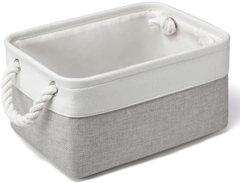Small Storage Baskets With Handles, Fabric Canvas Material Storage Box for Home Office Products Organize, Small Storage Box Fit Cat Dog Toy, Gift Basket, 31 X 21 X 16 cm (White & Light Grey-1pcs)