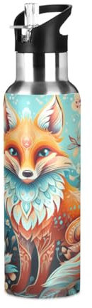 Niigeu Art Dessin Animé Renard Animal Bouteille d'eau Isotherme avec Paille en Acier Inoxydable Gourde, Sans BPA Gourdes Eau pour Enfant Sport Randonnée École Bureau (600ml/1L)