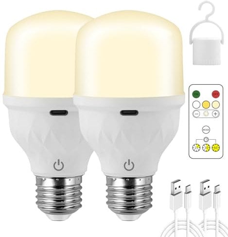 USB Rechargeable Light Bulb with Remote Control, 5W LED Battery Powered Light Bulbs for Lamps, E26 Dimmable Touch Control Bulb with Timing Function, for Home Power Outages, Non-Hardwired Lamps, 2 Pack