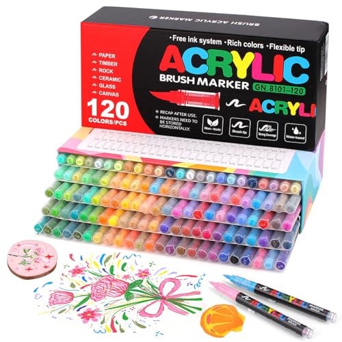 Gunsamg 120 Colors Acrylic Paint Marker Set – Water-Based Paint Pens with Flexible 1-5mm Brush Tip for Rock, Ceramic, Glass, Stone, Metal, Fabric Painting