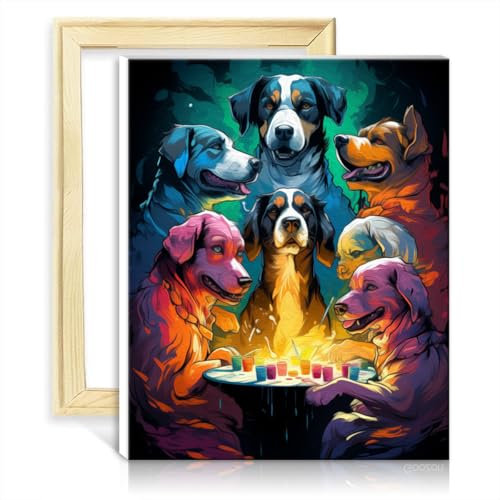 LiHEQING Malen nach Zahlen auf Leinwand, Hund mit Spielkarten, Malen nach Zahlen, für Erwachsene, Zahlengemälde, Wandkunst mit Rahmen (40 x 50 cm)