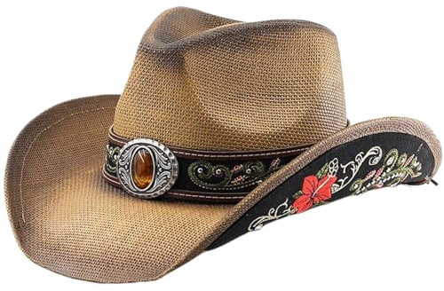 Sombrero de vaquero de paja, gorro de vaquero de paja con protección de rayos UV, sombrero vintage de bordado occidental con cinturón decorativo, sombreros de vaquero para hombres, sombrero de vaquer