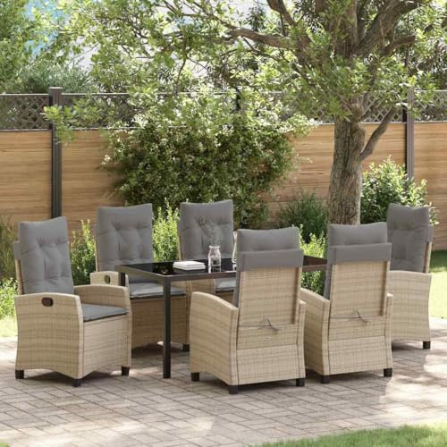 Ziaphsol Garten Essgruppe 7-teilig, Beige Poly-Rattan, Stahlrahmen, Glastisch, verstellbare Stühle, Outdoor-Möbel für Balkon & Terrasse