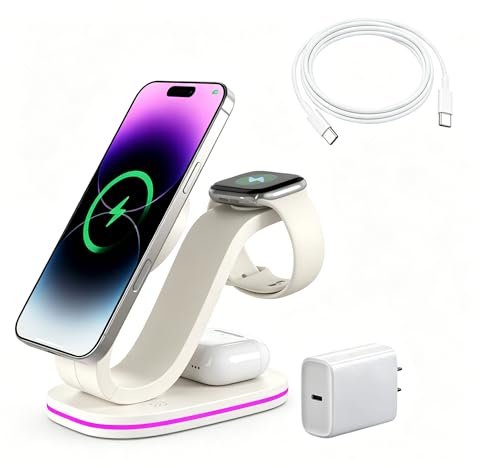 Wireless Charging Station, Qi2 15W 3-in-1 Mag-safe Charger for iPhone 17/16/15/14/13/12 Series, Watch Airpods 1-8/Ultra, iPad, AirPods (White)