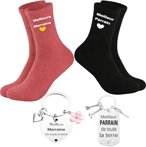 Cadeau Marraine Cadeau Parrain Chaussettes Porte-Clés Marraine Parrain | 4 pièces Chaussettes Fête des Mères Cadeau Noël Baptême Anniversaire Fête des Mères