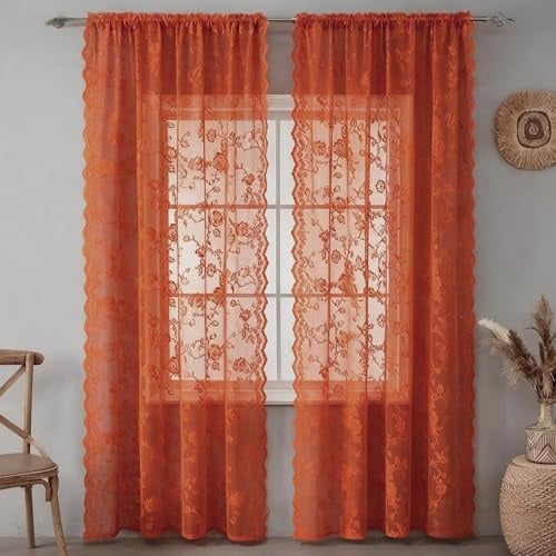 Fmorgen Französische Spitzenvorhang Durchlässig Spitzenvorhang 2 Stück Spitzengardinen Gardinen Vintage-Fensterbehandlung Ösenvorhang für Wohnzimmer Schlafzimmer(Orange, 132x245CM)