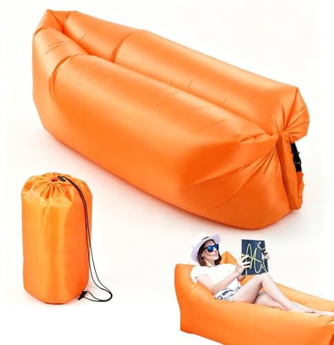 LOMUG Aufblasbares Sofa Orange, Luftsofa Luftsack, Camping Sofa, Tragbares Airlounger, Wasserdichter Aufblasbares Liege, Luft Sitzsack Luft Couch für Camping, Strand, Outdoor