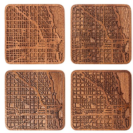 Chicago Untersetzer mit Landkarte aus Sapeli-Holz, 4 Stück, mit Stadtkarte, mehrere Stadt optional, handgefertigt