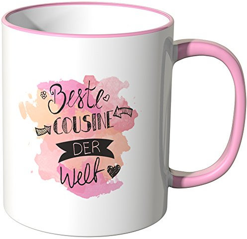 JUNIWORDS Tasse - Wähle Motiv & Farbe - Beste Cousine Aquarell - Rosa