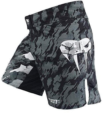 SOTF MMA Boxing Fight Shorts Mens Stretch Sports Training Shorts, Gray With Pocket, M for waist 34-35inch