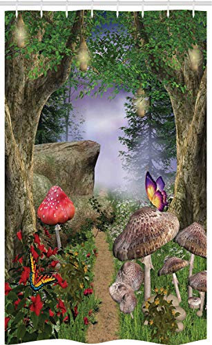 ABAKUHAUS Pilz Schmaler Duschvorhang, Schmetterlinge Märchen, Badezimmer Deko Set aus Stoff mit Haken, 120 x 180 cm, Grün Rot Tan