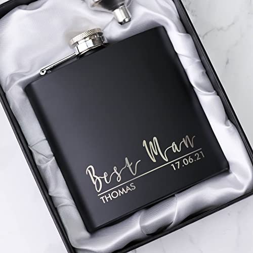 Groomsman Gift, Personalised 6oz Hip Flask in Gift Box. Best Man Gift Ideas, Gift for The Groomsmen OMG4-HIPBLK