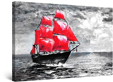 Startonight Bilder Schwarz Weiß Rot Schiff - Leinwandbilder Moderne Kunst - Abstrakte Wanddeko Kunstdrucke, Wandbilder XXL Wohnzimmer Groß Wand Bild 80 x 120 cm, Tag Nacht Elegante Geschenkidee