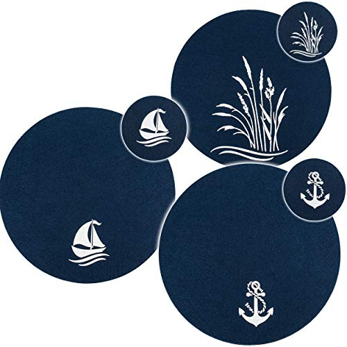 alles-meine.de GmbH 2 TLG. Set: Filz - Unterlage/Platzdeckchen/Platzset & Tischset - Maritim - Boot/Anker/Möwe - dunkel blau - 35 cm - rund - waschbar & schmutzabweisend ..