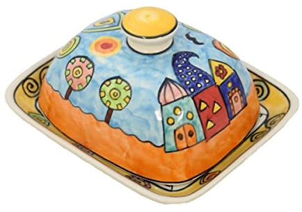 Butterdose mit Deckel Keramik Bunt Handbemalt (Happy3)