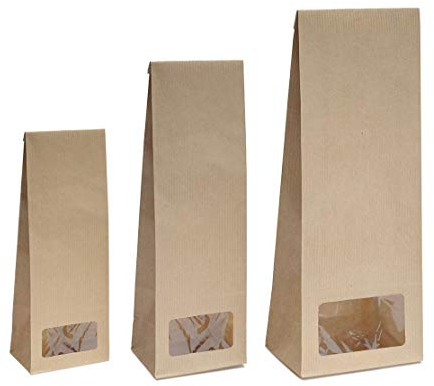 50x Blockbodenbeutel mit rechteckigem Sichtfenster - 100g - 7 x 4 x 20,5 cm - Papiertüten Bodenbeutel Geschenktüte Papierbeutel Tütchen Kraftpapier Papierbeutel Adventskalendertüten zum Befüllen