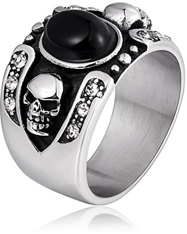 Gualiy Herrenring Edelstahl, Verlobungsring Herren, Totenkopf mit Schwarzer Ovaler Stein Verlobungsringaus Edelstahl 316L Schwarz Ringgröße 57 (18.1)