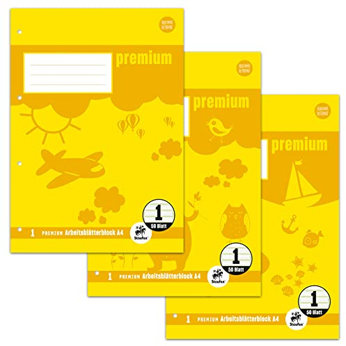 Staufen Premium Arbeitsblätterblock - DIN A4, Lineatur 1 (5/5/5mm liniert, farbig hinterlegte Lineatur), 50 Blatt, 4-fach Lochung, 90g/m² Premium Papier, 3 Stück