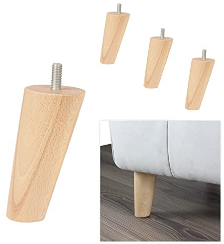 P17- Dylan | Set 4 Holzfüße + Mit Schrauben (10MA) | Farbe: Natürlich | Maße: Höhe 12 cm, Durchmesser 5,5 cm | Holzfüße für Möbel, Sofas, Sessel und Einrichtungsgegenstände