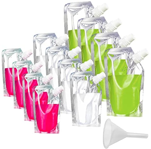 12pcs Drink Pouches for Festivals Reusable Drinks Flasks Leak Proof Alcohol Liquor Juice Plastic Pouches Bags for Picnic Camping Party Beverage Drinks,with Spouts and Funnel,300ml,420ml,500ml
