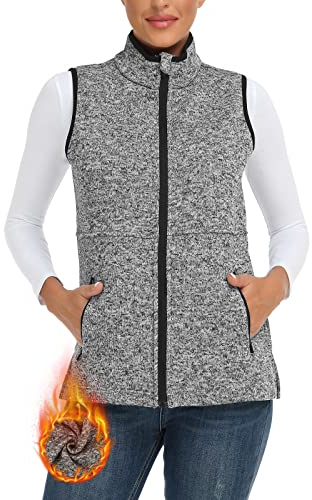 Soneven Fleece Weste Damen Outdoor Fleeceweste Warm Gefüttert Ärmellose Jacke mit Reißverschluss Tasche Standkragen Softshell-Weste Laufweste Thermoweste Strick für Wandern Winter(Grau, XL)
