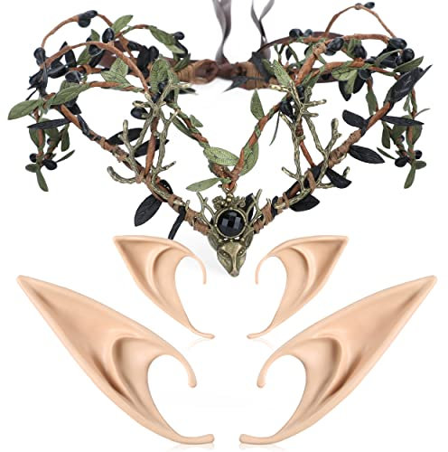 MOSTORY Elfenohren mit Waldfee Stirnband Grün Blume Krone Kopfschmuck mit Pixie Ohren Set Bronze Hirsch Geweih Kreis Tiara Cosplay für Frauen Mädchen Renaissance Halloween Party